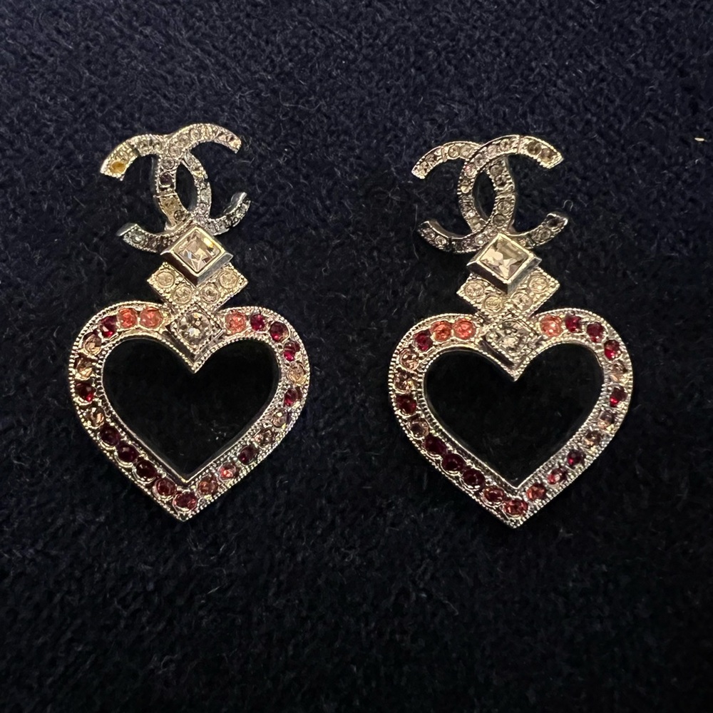 CHANEL Silver and Red Heart Earrings